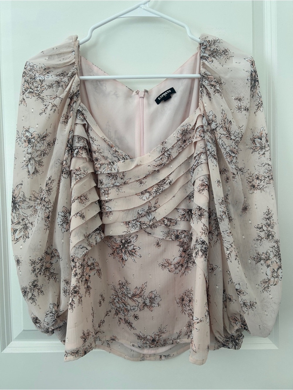 Express Sheer Floral Ruffle Blouse in Blush